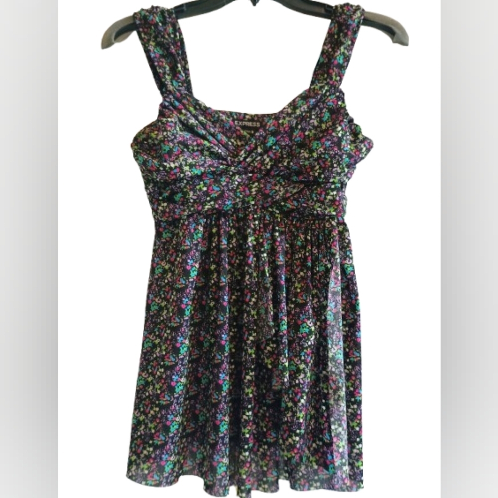 Express Women's Small Black Floral‎ Tunic Sleeveless Empire Waist Baby Doll